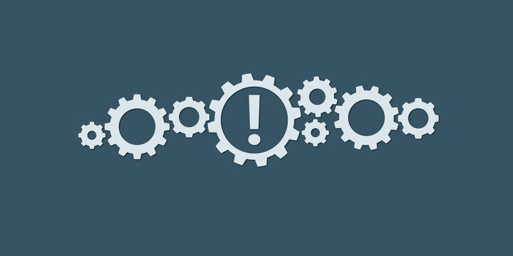 Settings: series of interconnected gears with one prominently featuring an exclamation mark, symbolizing system errors, critical settings issues, or important technical alerts within complex processes