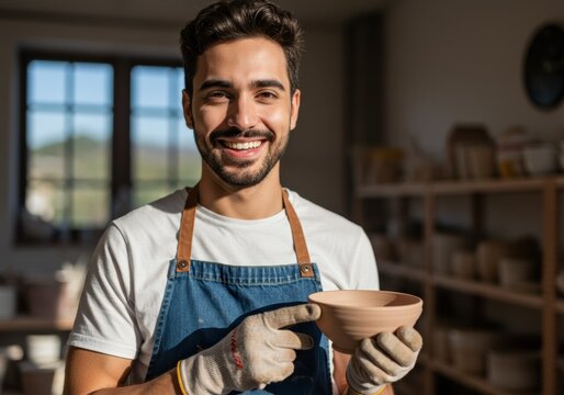 A craftsman proudly displays a newly crafted clay bowl in his pottery studio.