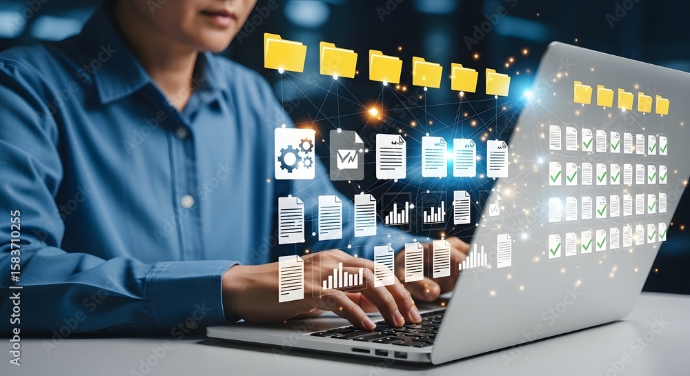 Poster data management business cloud computing document folder laptop network online storage system techno