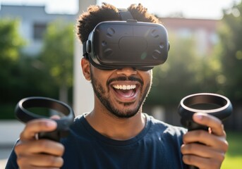 Excited man immersed in virtual reality, enjoying a gaming experience outdoors with a smile.