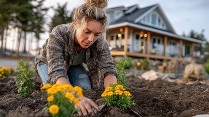 A blonde woman is planting vibrant yellow flowers in the garden of her house, bringing life to the landscape and creating a picturesque outdoor space