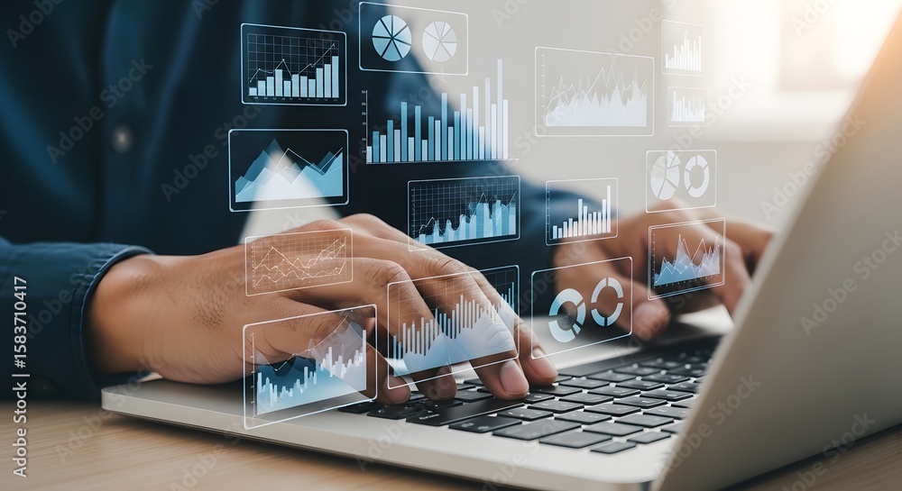 Poster data analytics business intelligence charts graphs laptop computer technology information analysis