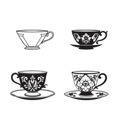 Collection of four black and white vintage teacups with ornate floral designs and saucers