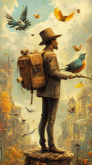 Adventurer Standing Amidst Birds and Cityscape Illustration Art