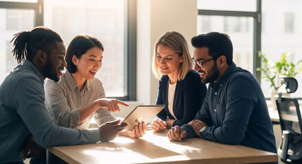 Diverse Business Team Collaborating on Digital Tablet in Modern Office