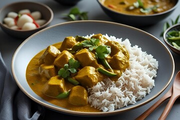 Creamy Yellow Curry with Rice and Fresh Green Chilies