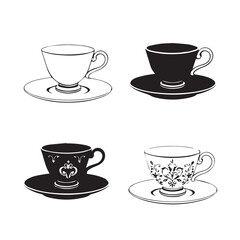 Collection of four elegant teacups and saucers in black and white line art style
