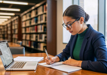 Young woman studying with laptop and taking notes in library