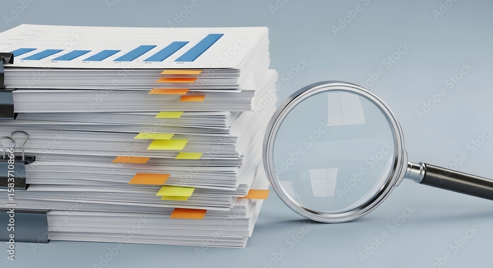 Poster document analysis paperwork magnifying glass data research information review statistics report