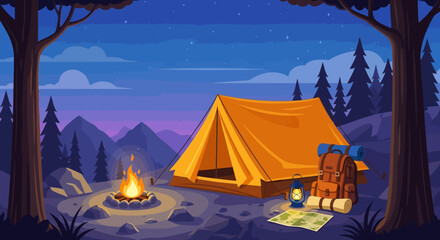 Camping scene nighttime mountains landscape