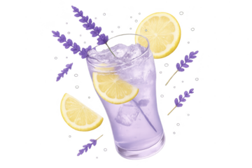 Refreshing lavender lemonade with lemon, isolated on transparent background