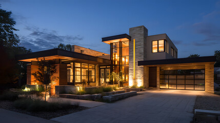 Modern Luxury Home at Twilight: Architectural Design with Stylish Illumination