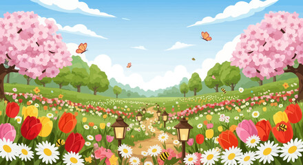 Spring meadow pathway with flowers