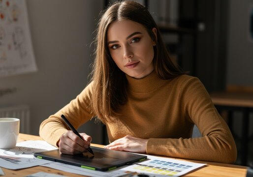 A designer working on a tablet in her office, looking at the camera with a smile.