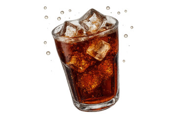 Refreshing glass of sparkling cola with ice cubes isolated on transparent background