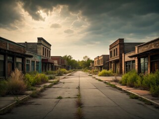 Obraz premium Deserted Town Street Overgrown Buildings Abandoned Shops Empty Road Weathered Facades Cloudy Sky image