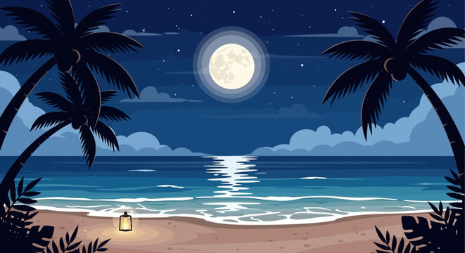 Tropical night beach scene under full moon