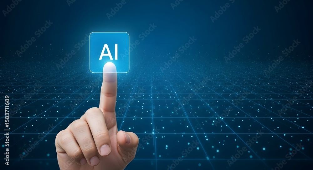Poster finger touching a blue ai button on a futuristic grid background with glowing particles