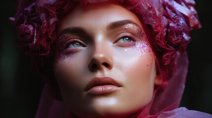 Close-up portrait of a young woman's face. she is wearing a pink headscarf that is made up of multiple layers of fabric, covering her head and shoulders.