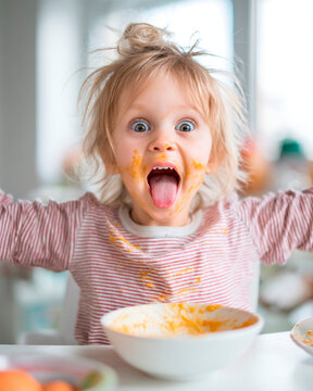 Naklejki Messy Eater Toddler: A playful toddler with messy food on her face and outstretched arms, sitting at a table with an empty bowl.  The image captures pure.