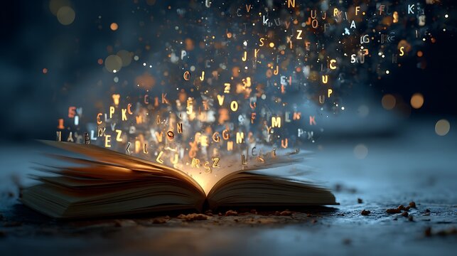 An open book releases glowing letters and particles into a dark magical atmosphere - Powered by Adobe