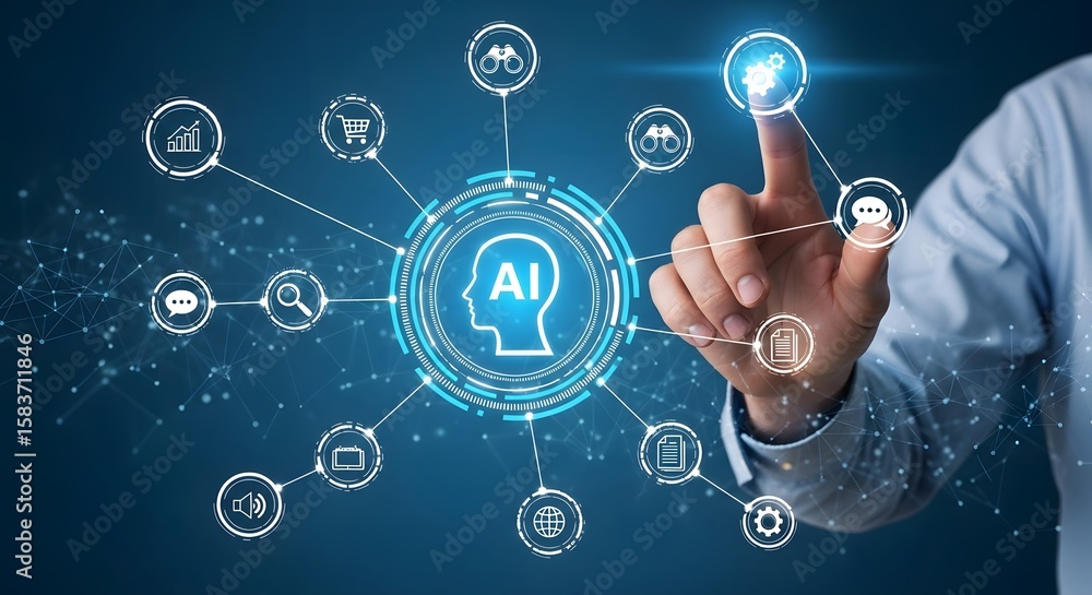 Poster person touching a digital ai interface with various icons on a blue background with dots