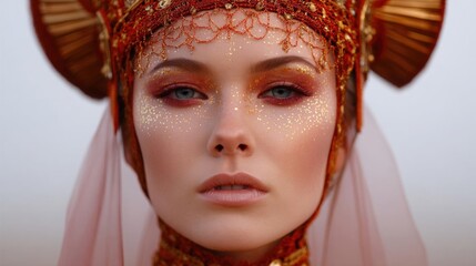 Close-up portrait of a woman's face. she is wearing a traditional egyptian headdress with a red and gold color scheme.
