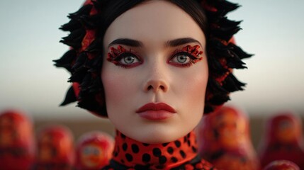 Close-up portrait of a woman's face. she has dark hair styled in a dramatic updo with black feathers on top. her makeup is bold and dramatic, with red and black eye makeup and red lipstick.