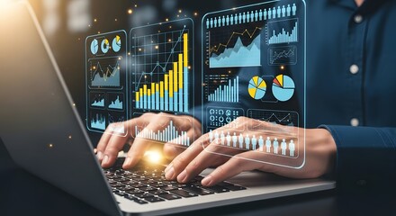 Person typing on a laptop with digital data charts and graphs displayed on the screen overlay
