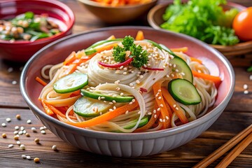 Asian noodles with fresh vegetables and herbs