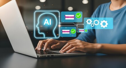 Person using laptop with ai head icon and dental check marks and gears overlayed on screen