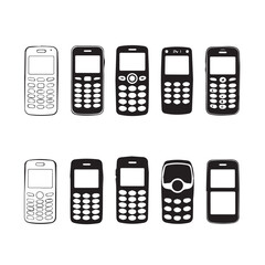 Collection of vintage and modern mobile phone icons in black and white