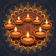 Nine lit diyas arranged on a circular mandala pattern