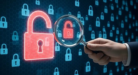 Hand holding magnifying glass over red open padlock among blue padlocks on dark background