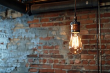 Obraz premium Rustic Edison bulb illuminating a textured brick wall in a cozy industrial space