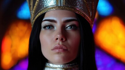 Close-up portrait of a woman's face. she is wearing a golden crown with intricate designs and patterns on it.