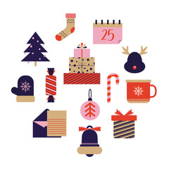 Set of hand drawn Christmas and New Year icons in vintage colors. Collection of seasonal elements in flat retro style. Simple geometric shapes
