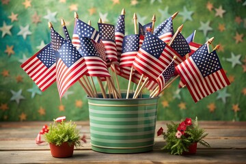 Bucket full of american flags