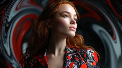 Portrait of a young woman with long red hair. she is facing away from the camera, with her head tilted slightly to the side.