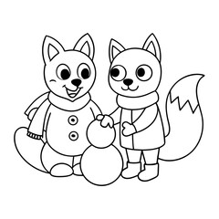 Fox and Squirrel Building a Snowman Coloring Page