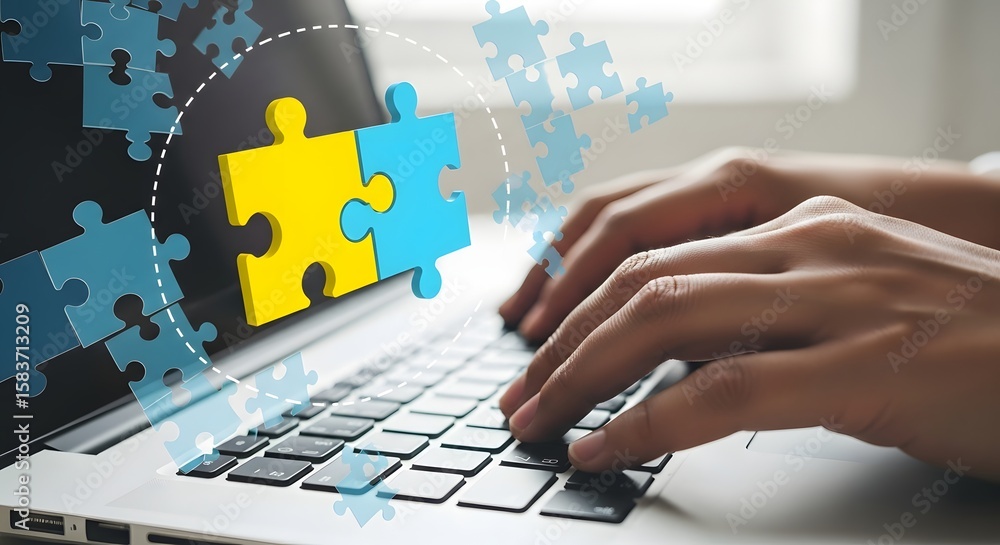 Poster close up of hands typing on a laptop with puzzle pieces floating around the screen and keyboard
