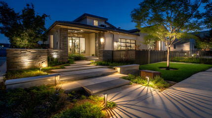 Stunning Night View of a Modern Home with Stylish Exterior Lighting and Landscaping