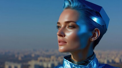 Portrait of a young woman with short blonde hair styled in a futuristic manner. she is wearing a blue metallic outfit with a high collar and a choker necklace.