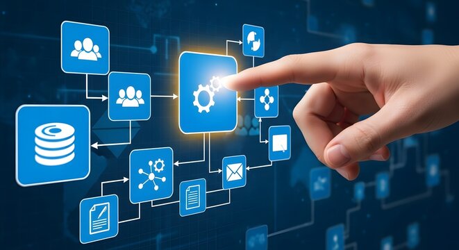 A hand touching a blue square with a gear icon connected to other blue square icons on a blue background