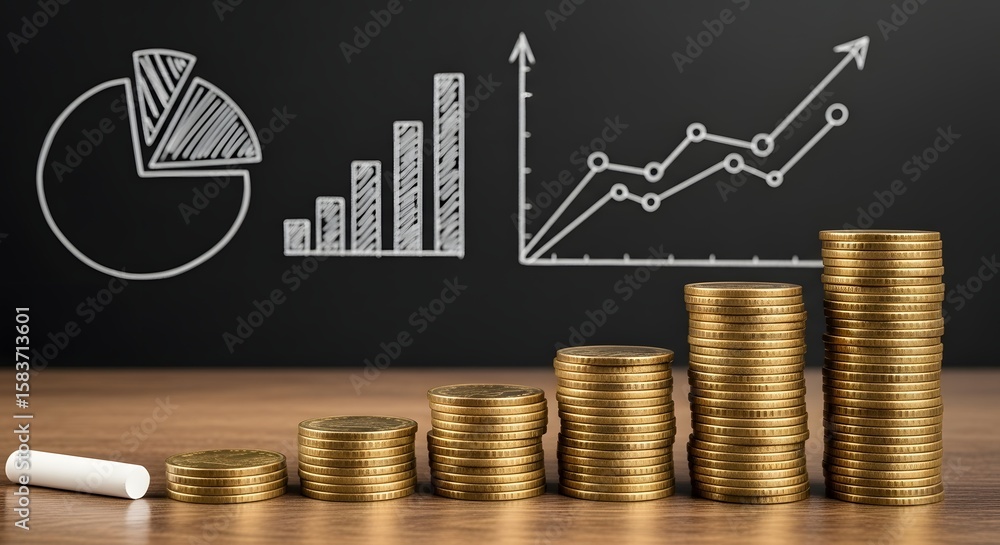 Poster stacks of coins in ascending order with chalk drawings of charts on a blackboard behind it
