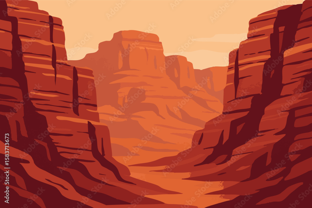 Poster flat vector canyon cliffs with layered red rock textures and stylized shadows