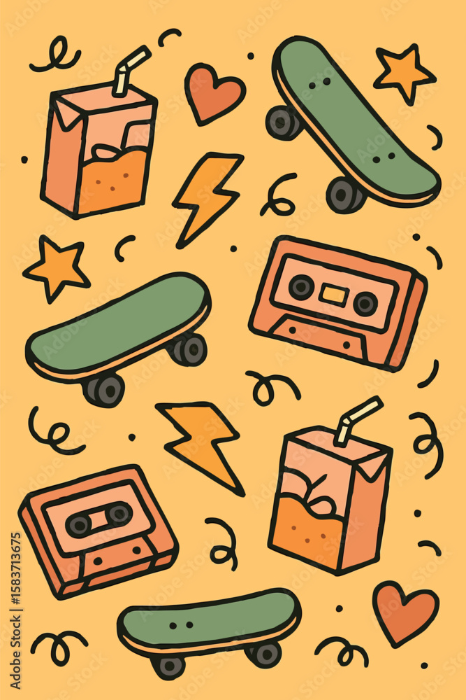 Poster flat vector cartoon doodle art with random floating objects like juice boxes, skateboards and casset