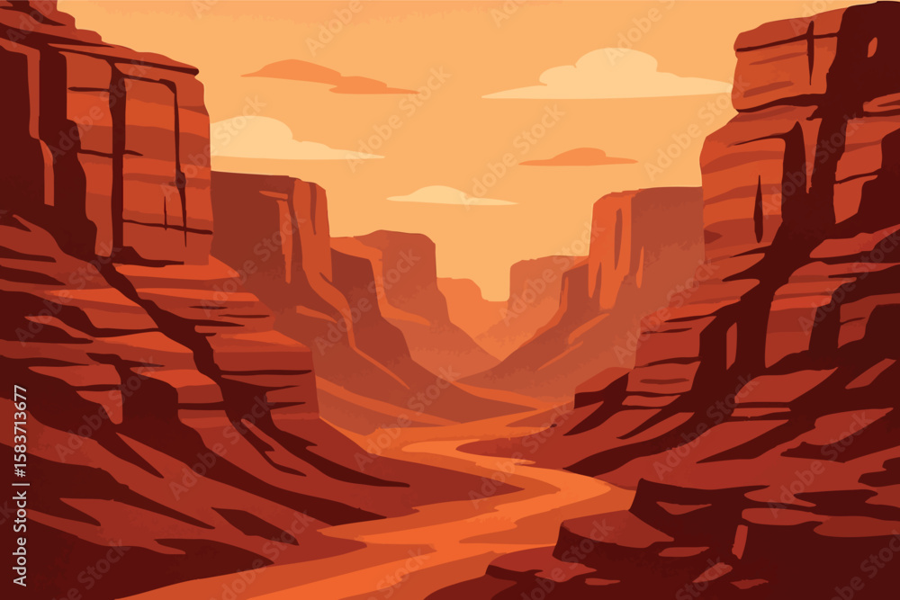 Poster flat vector canyon cliffs with layered red rock textures and stylized shadows