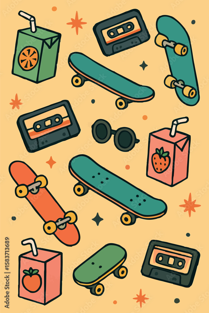 Poster flat vector cartoon doodle art with random floating objects like juice boxes, skateboards and casset