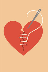 Flat vector broken heart being stitched by a thread and needle, visual for emotional recovery